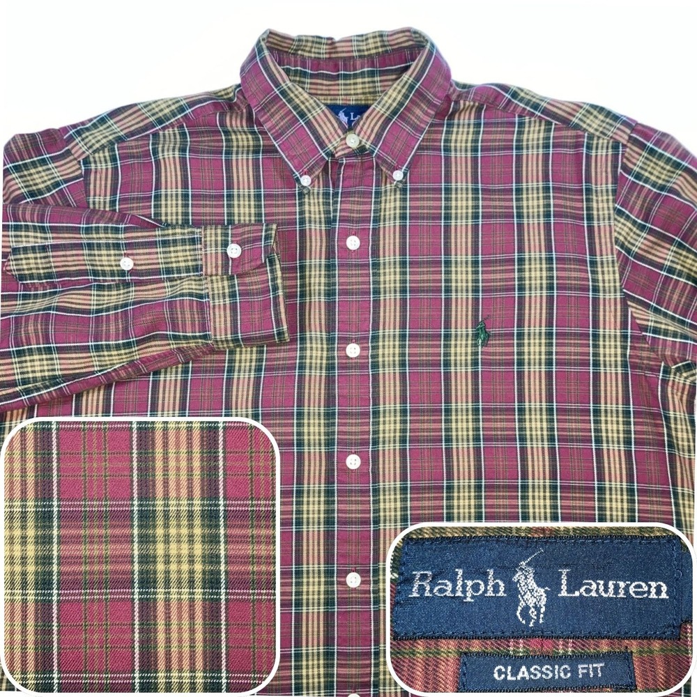 Polo Ralph Lauren Shirt Mens Medium Red Green Tartan Plaid Button Down Pony